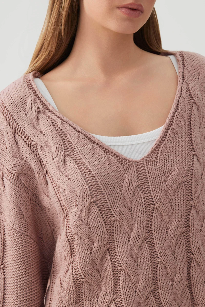 Oversized Cable Knit V-Neck Sweater