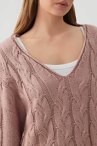Oversized Cable Knit V-Neck Sweater