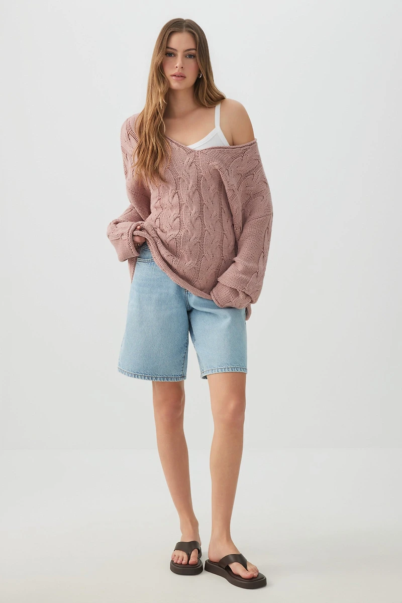 Oversized Cable Knit V-Neck Sweater
