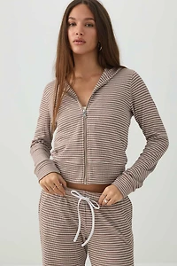 Waffle Hooded Front Zipper Top