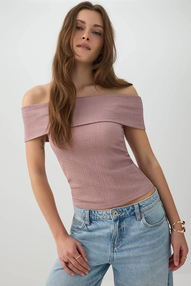 Textured Knit Off Shoulder Crop Top