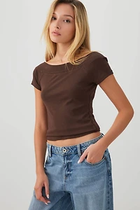 Cropped Boat Neck Rib T-Shirt