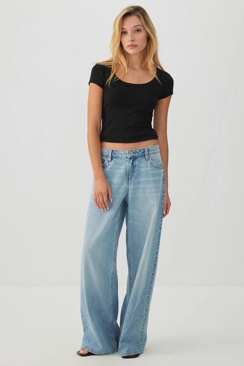 Fine Rib Scoop Neck Crop T-Shirt