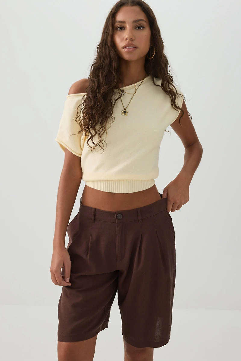 Bermuda taille mi-haute en mélange de lin