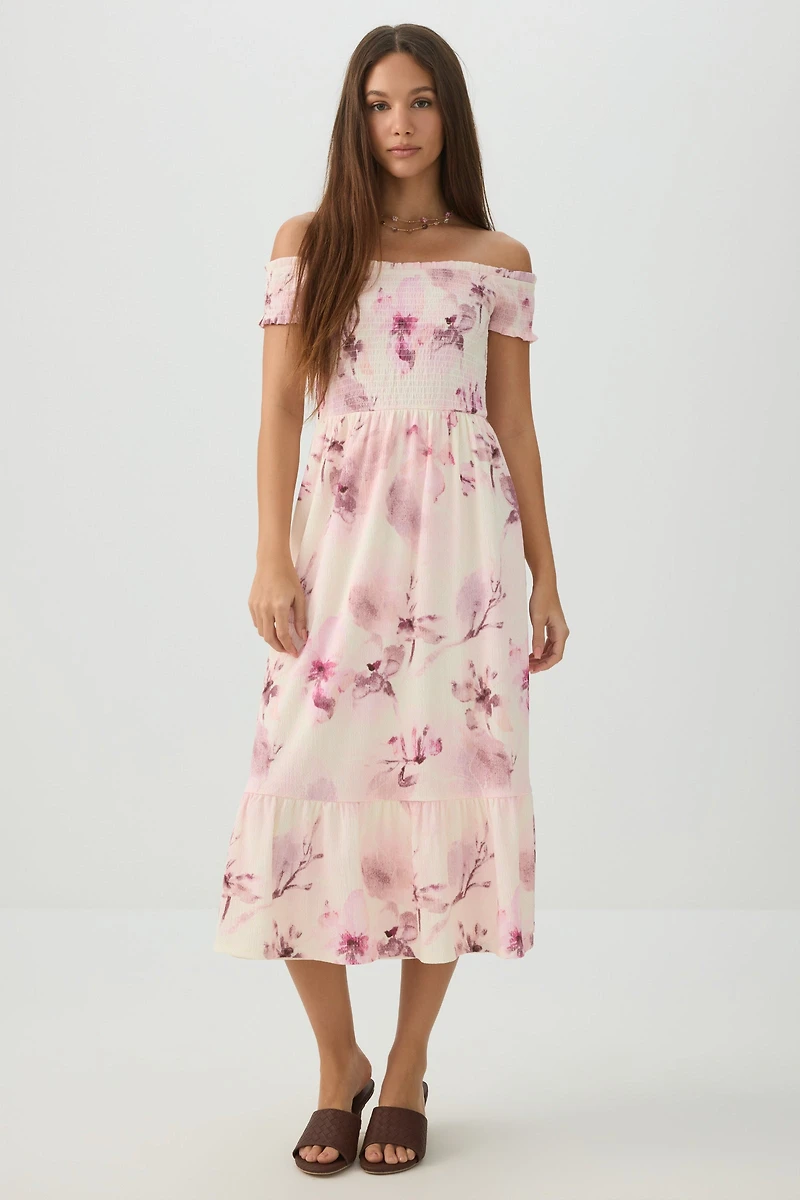 Smocked Off Shoulder Midi Dress