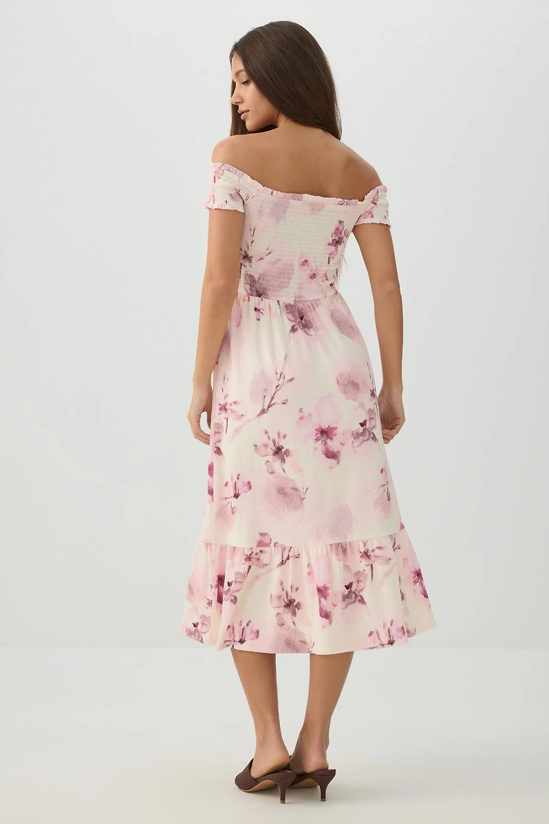 Smocked Off Shoulder Midi Dress