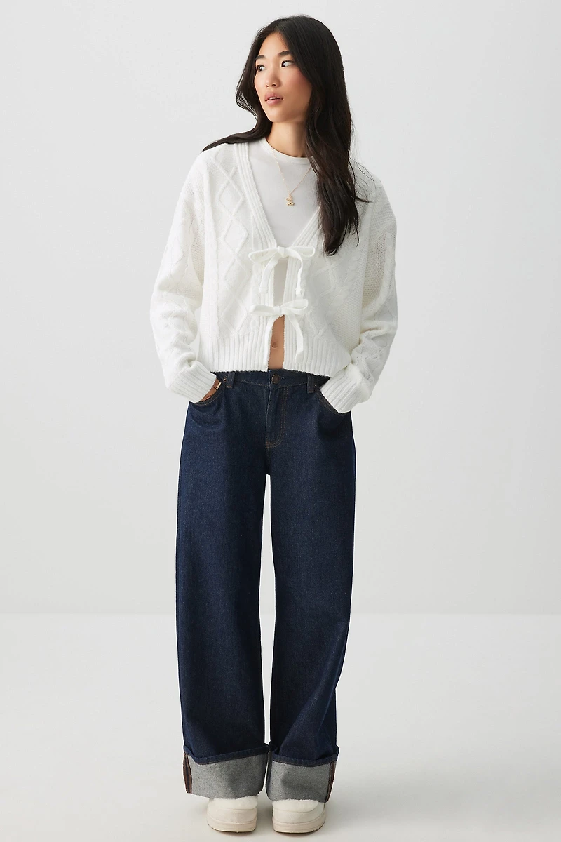 Front Tie Cable Knit Sweater