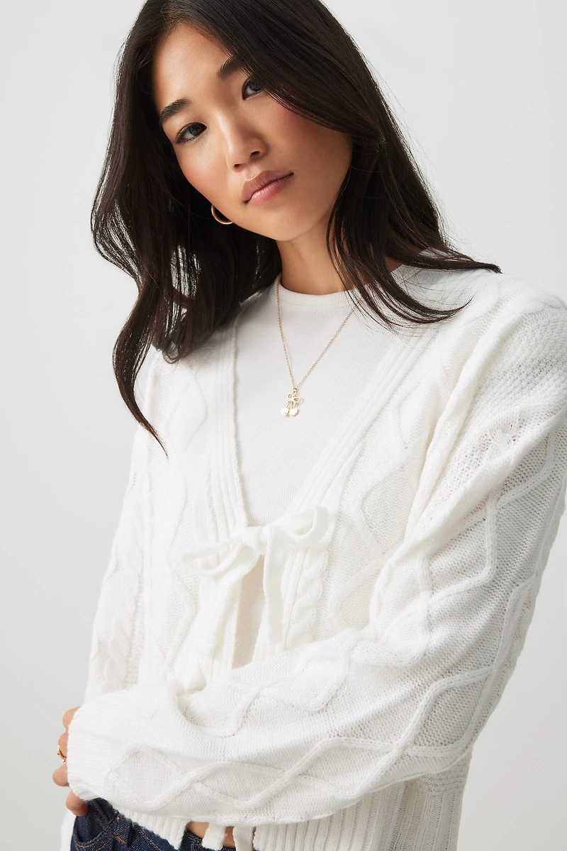 Front Tie Cable Knit Sweater