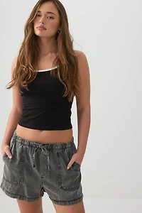 Denim Mid Rise Shorts with Patch Pockets