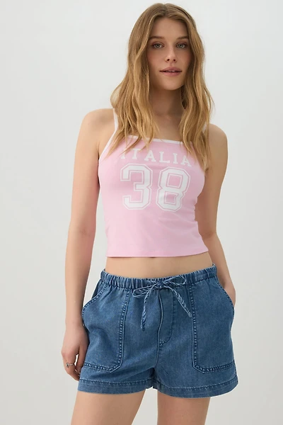 Short taille mi-haute en denim à poches plaquées