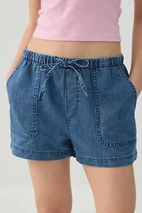 Denim Mid Rise Shorts with Patch Pockets