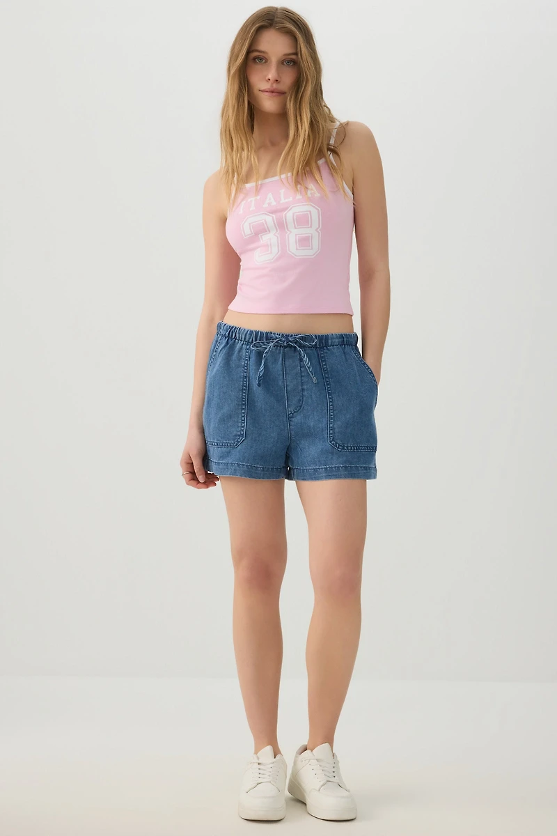 Denim Mid Rise Shorts with Patch Pockets
