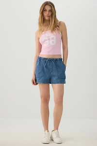 Denim Mid Rise Shorts with Patch Pockets