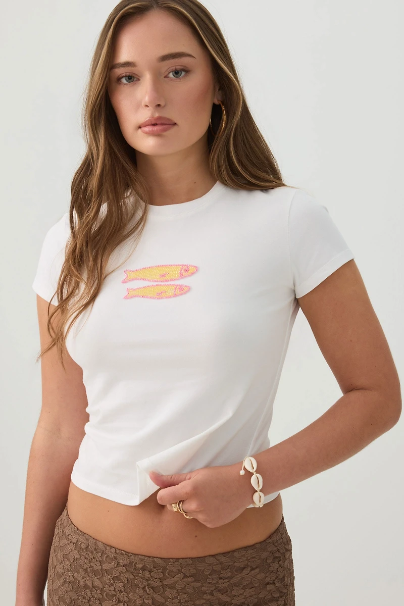 Cropped Baby T-Shirt with Beaded Motif