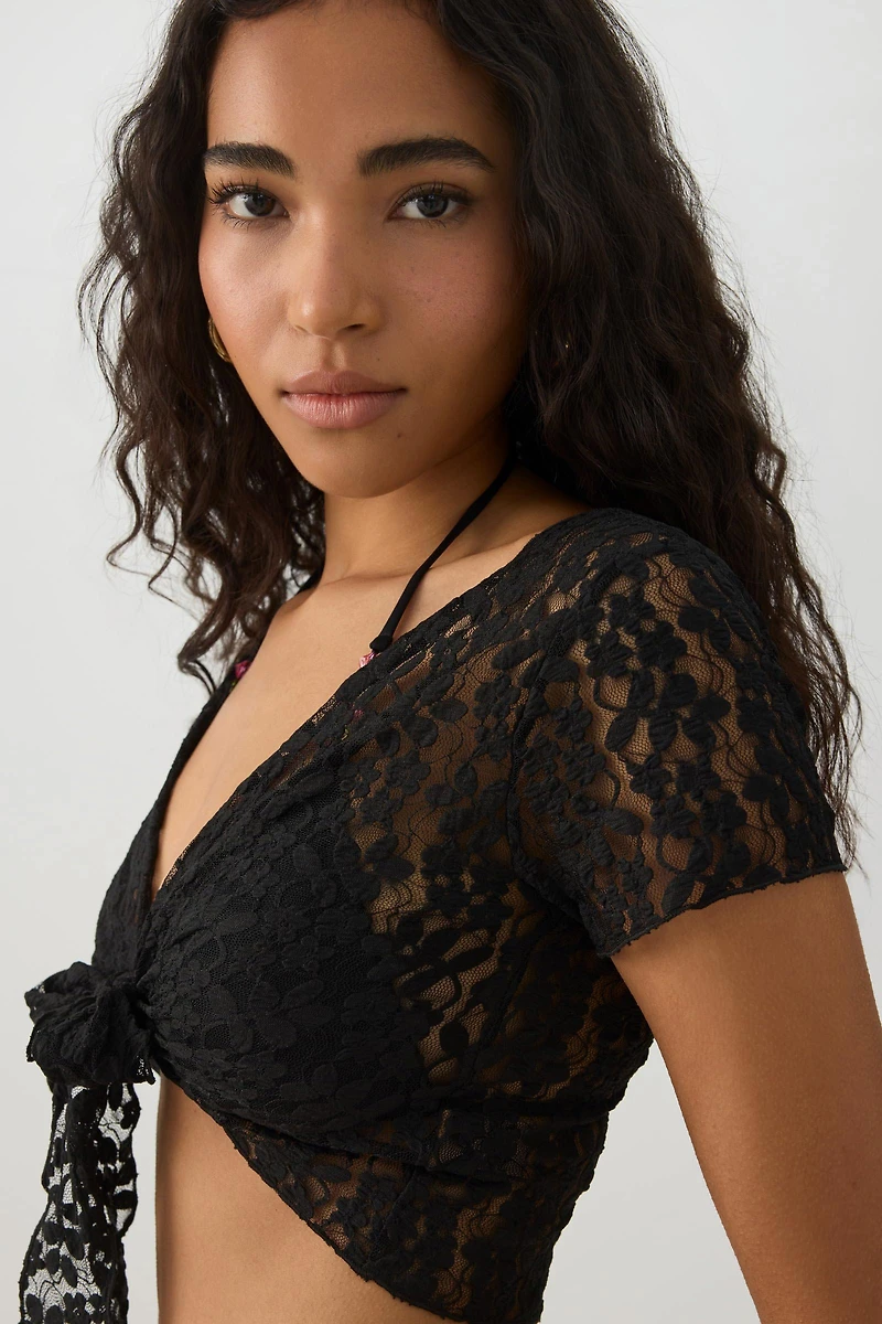 Cardigan court en dentelle à nouer