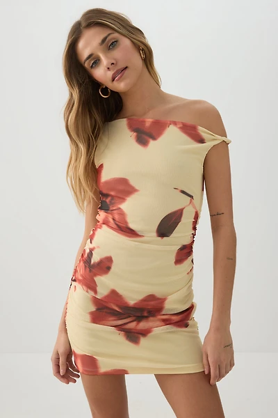 Mini Mesh Asymmetric Off Shoulder Dress