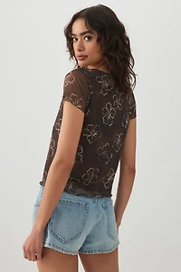 Floral Mesh Tie Front Top