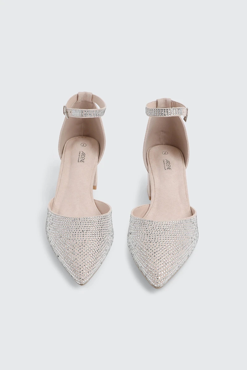 Block Heel Pumps with Rhinestones
