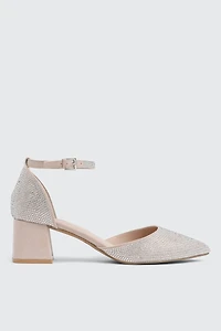 Block Heel Pumps with Rhinestones