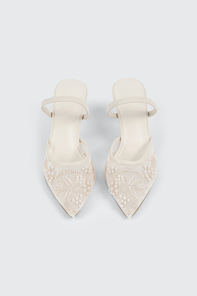 Embroidered Mesh Mule Heels