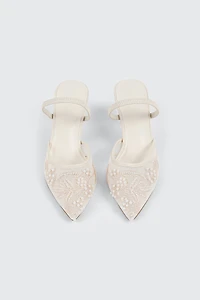 Embroidered Mesh Mule Heels