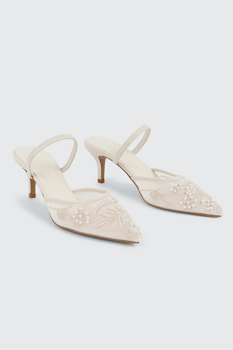 Embroidered Mesh Mule Heels