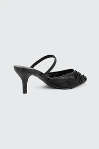 Embroidered Mesh Mule Heels