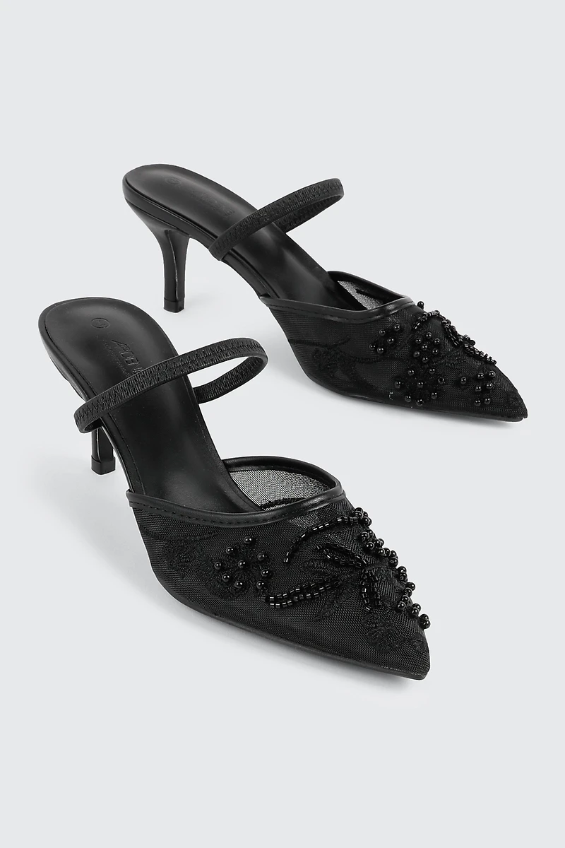 Embroidered Mesh Mule Heels