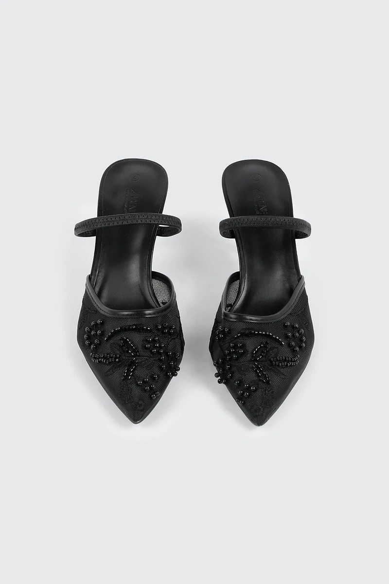 Embroidered Mesh Mule Heels