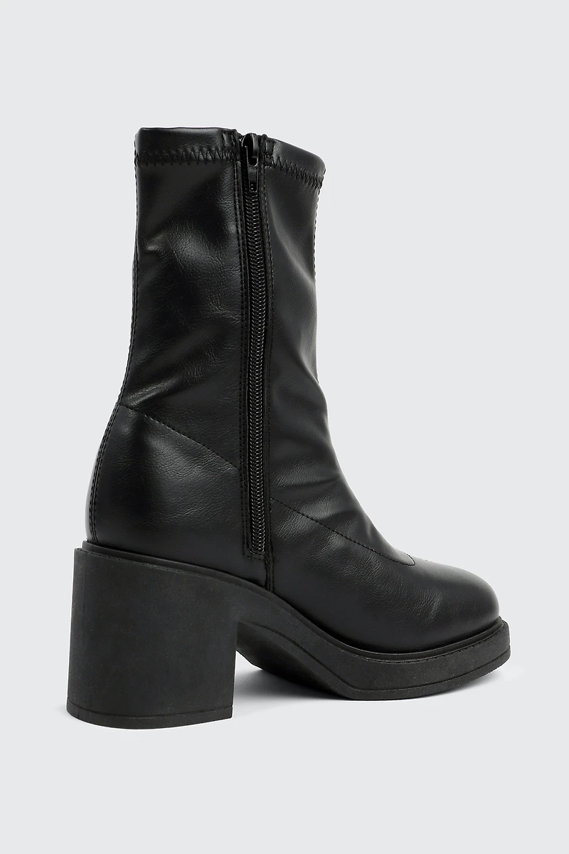 Block Heel Faux Leather Mid Calf Boots