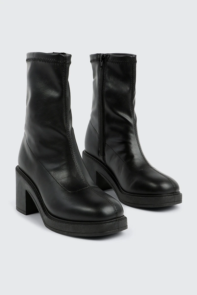 Block Heel Faux Leather Mid Calf Boots