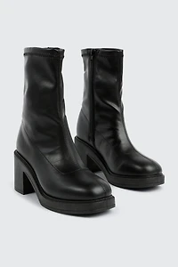 Block Heel Faux Leather Mid Calf Boots