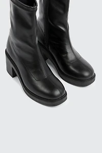 Block Heel Faux Leather Mid Calf Boots