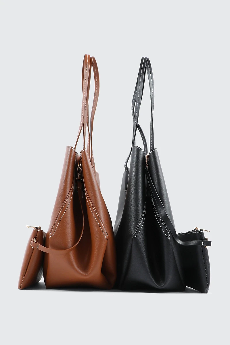 Large Faux Leather Tote Bag with Pouch