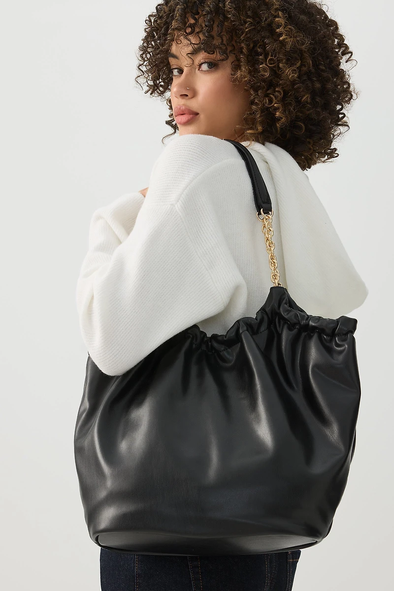 Ruched Tote Bag with Chain Straps