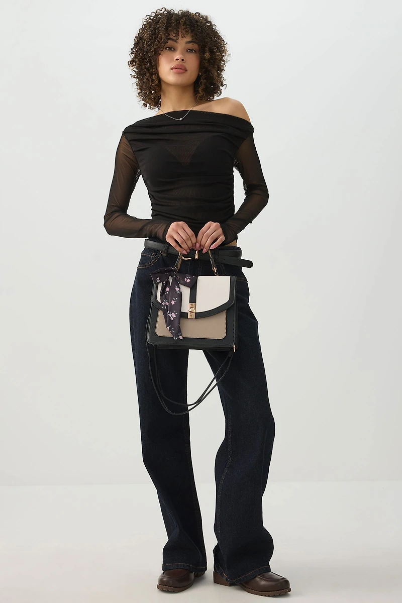 Top Handle Square Bag with Scarf Detail