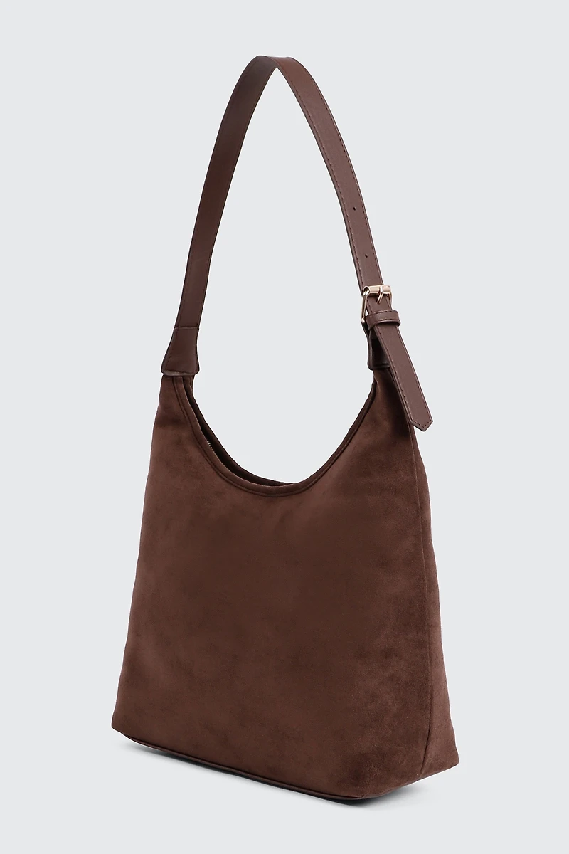 Faux Suede Shoulder Bag with Buckle Detail