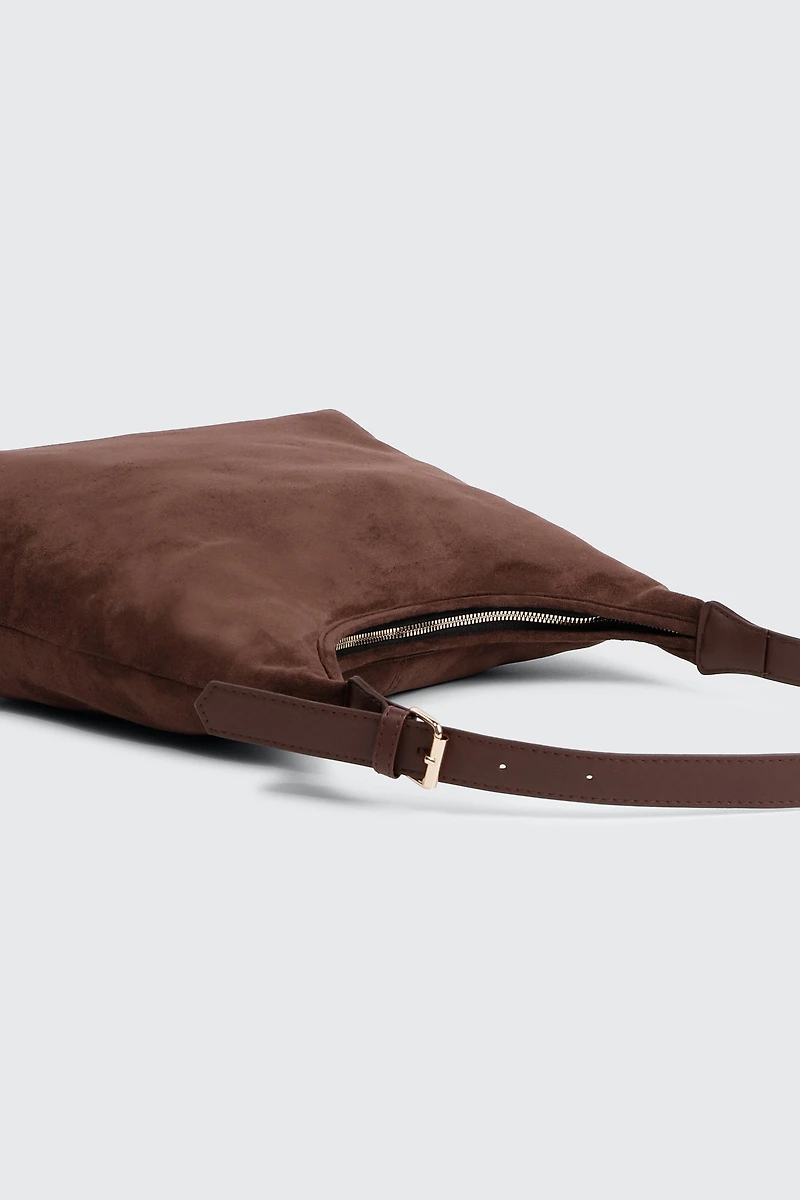 Faux Suede Shoulder Bag with Buckle Detail