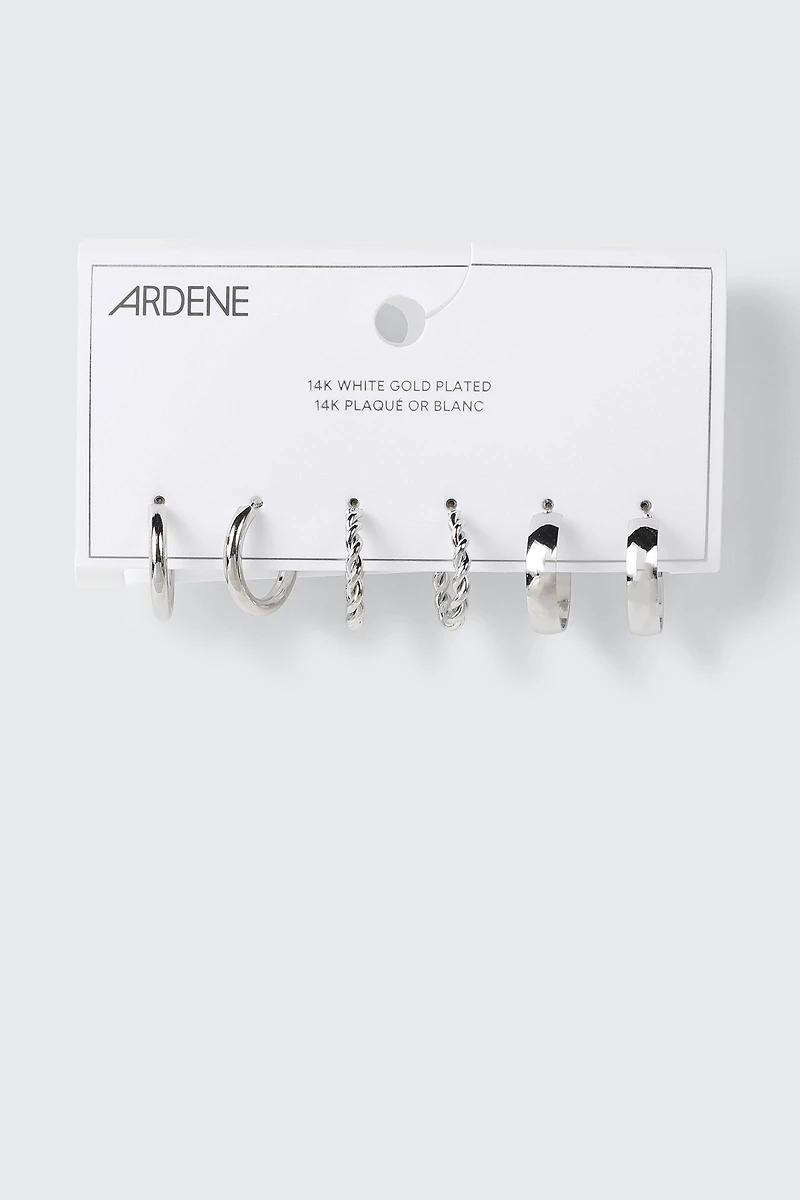 3-Pack 14K White Gold Plated Hoop Earrings