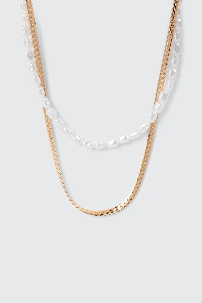 Layered Faux Pearl Chain Necklace