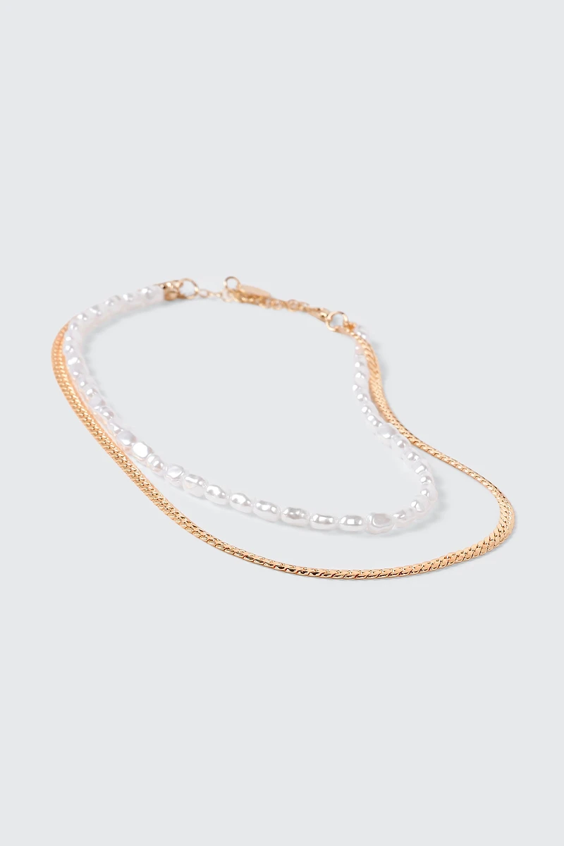 Layered Faux Pearl Chain Necklace