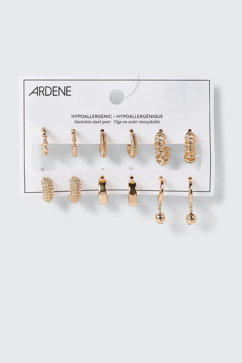 6-Pack Mixed Textured Hoop Earrings