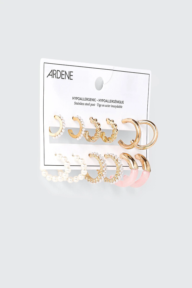 6 Pairs Pearl Hoop Earring Set
