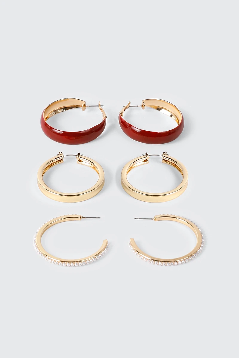 3-Pack Pearl Trim Hoop Earrings