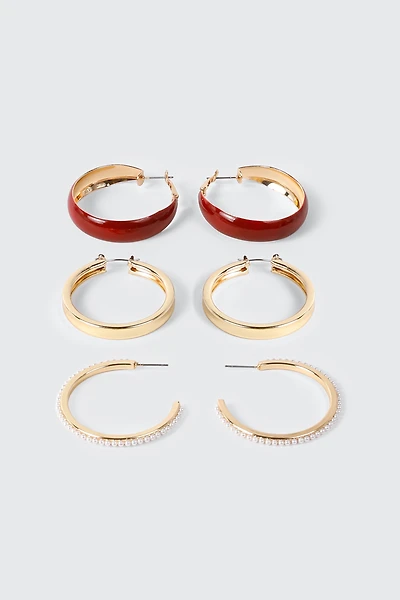 3-Pack Pearl Trim Hoop Earrings