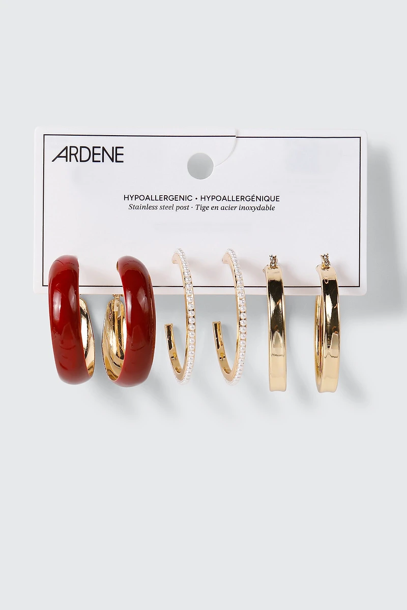 3-Pack Pearl Trim Hoop Earrings
