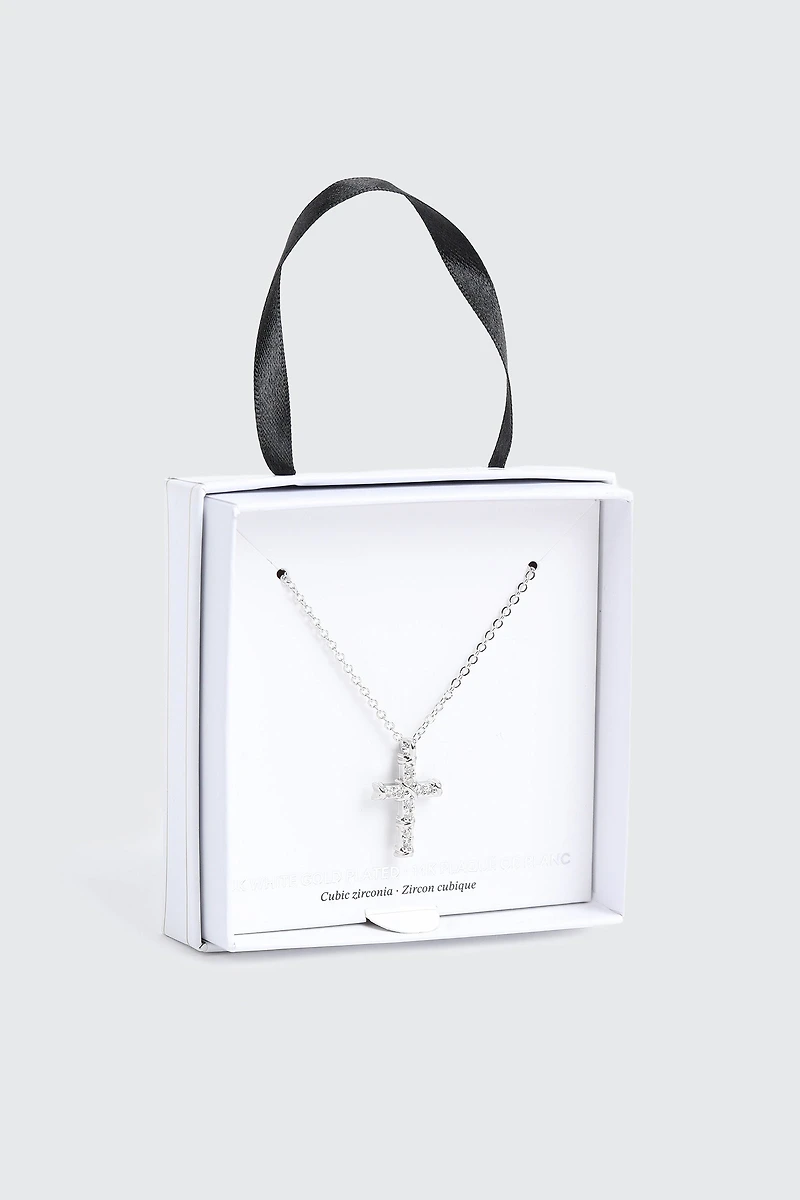 14K White Gold Plated Cross Necklace