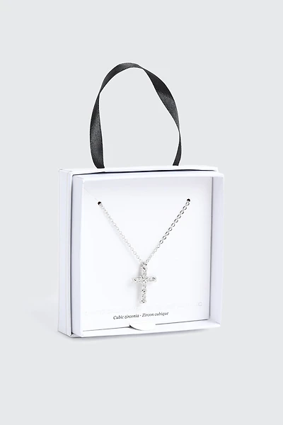 14K White Gold Plated Cross Necklace