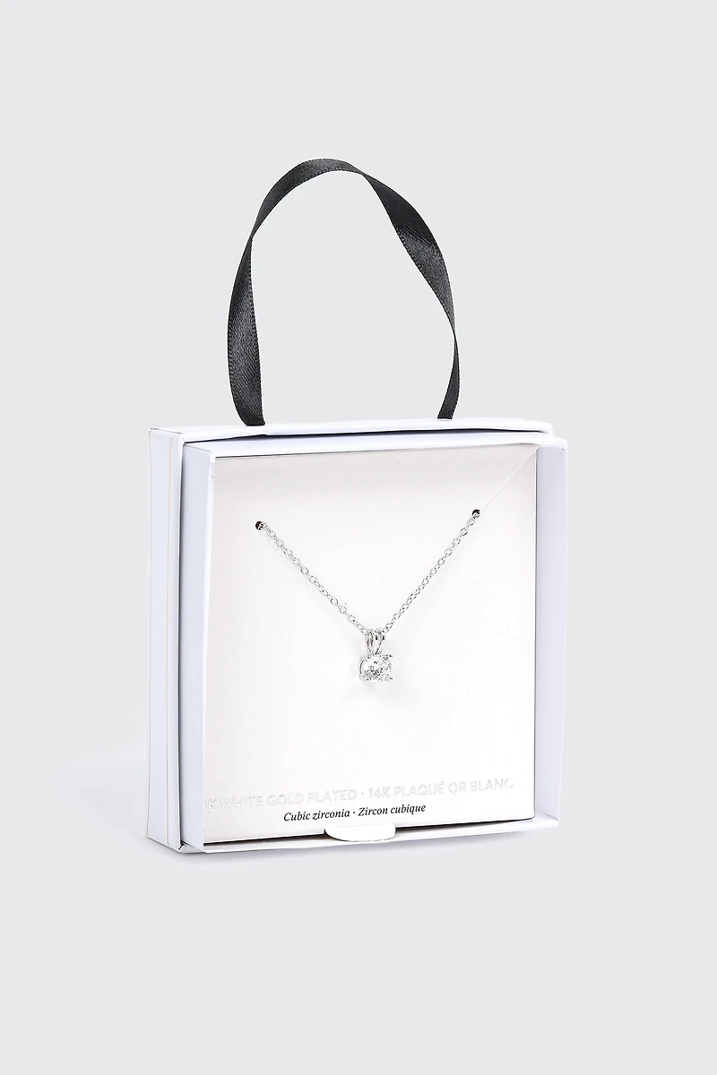 14K White Gold Solitaire Necklace