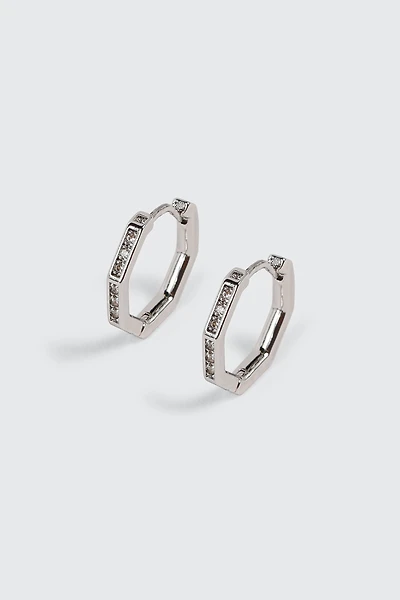 14K White Gold Plated Hexagon Hoop Earrings